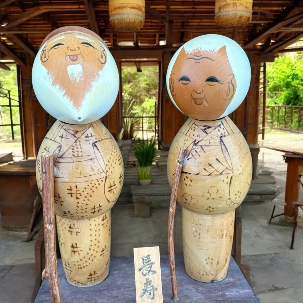 Vintage Japanese Wooden kokeshi dolls elderly couple takasago signed - Picture 1 of 6